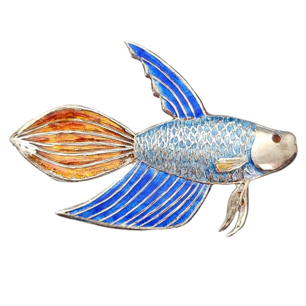 Sterling Blue Gold Fish Brooch Siam Pin, Signed
